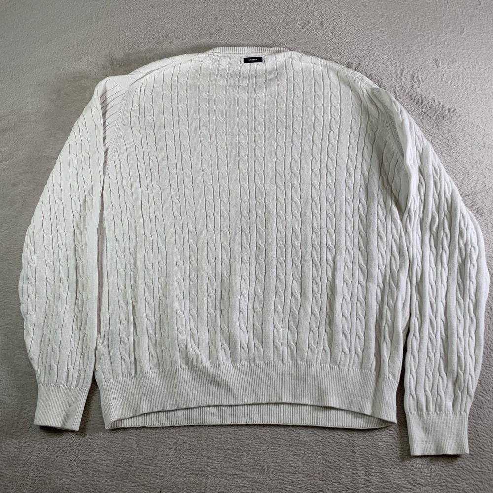 Nautica Sweater Mens Large White Cable Knit Crewneck Cotton Pullover Casual‎ - Picture 8 of 10